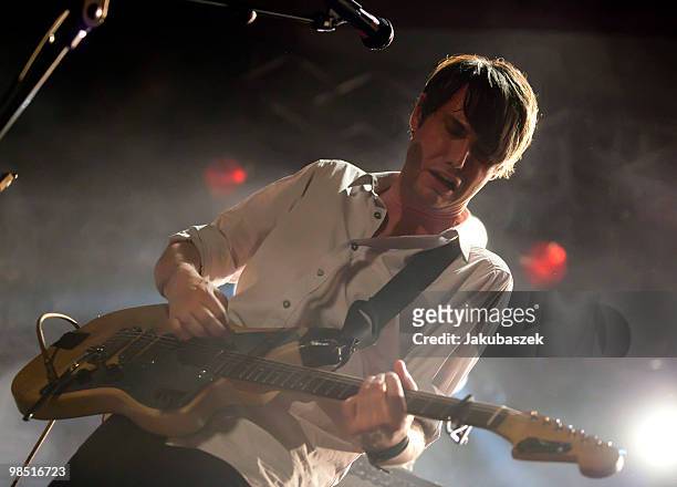 Singer Dirk von Lowtzow of the German rock band Tocotronic performs live during a concert at the Astra Kulturhaus on April 17, 2010 in Berlin,...