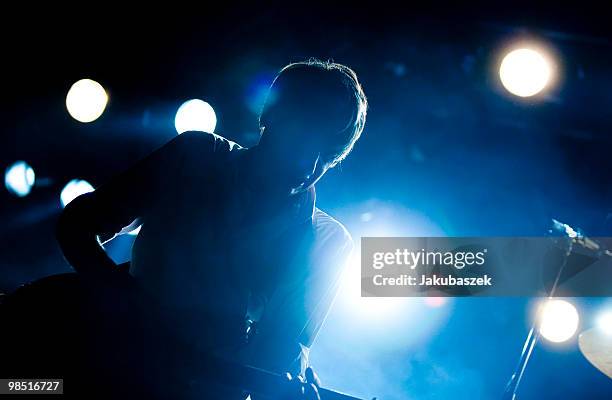 Singer Dirk von Lowtzow of the German rock band Tocotronic performs live during a concert at the Astra Kulturhaus on April 17, 2010 in Berlin,...