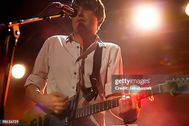 Singer Dirk von Lowtzow of the German rock band Tocotronic performs live during a concert at the Astra Kulturhaus on April 17, 2010 in Berlin,...