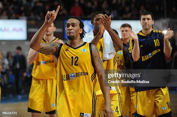 Rashad Wright, #12 of Alba Berlin celebrates at the end of the Eurocup Basketball 2010 Semi Final 2 game between Alba Berlin vs Bizkaia Bilbao Basket...