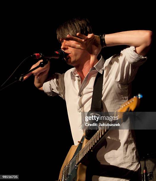 Singer Dirk von Lowtzow of the German rock band Tocotronic performs live during a concert at the Astra Kulturhaus on April 17, 2010 in Berlin,...