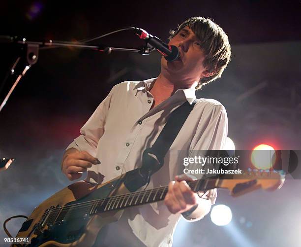 Singer Dirk von Lowtzow of the German rock band Tocotronic performs live during a concert at the Astra Kulturhaus on April 17, 2010 in Berlin,...