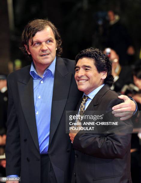 Serbian director Emir Kusturica and former Argentinian football player Diego Maradona arrive to attend the screening of their documentary film...