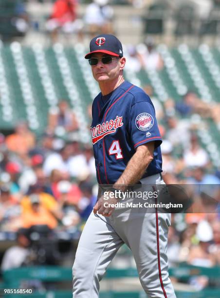 Manager Paul Molitor of the Minnesota Twins looks on during the game against the Detroit Tigers at Comerica Park on June 14, 2018 in Detroit,...