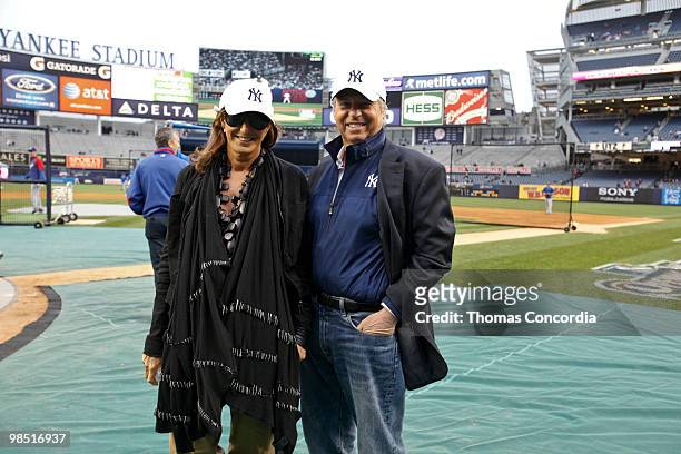Donna Karan and CEO of Donna Karan, Mark Weber pose for a photo before New York Yankees play against the Texas Rangers at Yankee Stadium on April 16,...