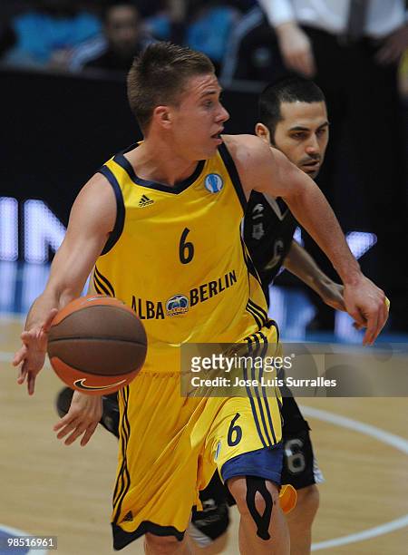 Steffen Hamann, #6 of Alba Berlin competes with Javi Rodr�guez, #6 of Bizkaia Bilbao Basket during the Eurocup Basketball 2010 Semi Final 2 game...