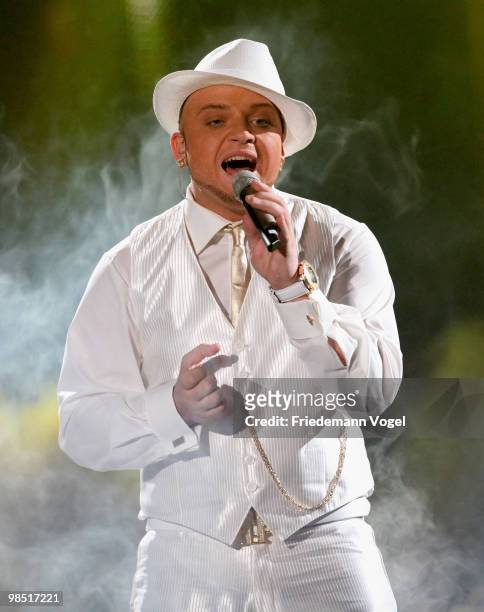 Menowin Froehlich performs during the contest 'DSDS - Deutschland Sucht Den Superstar' final show on April 17, 2010 in Cologne, Germany.