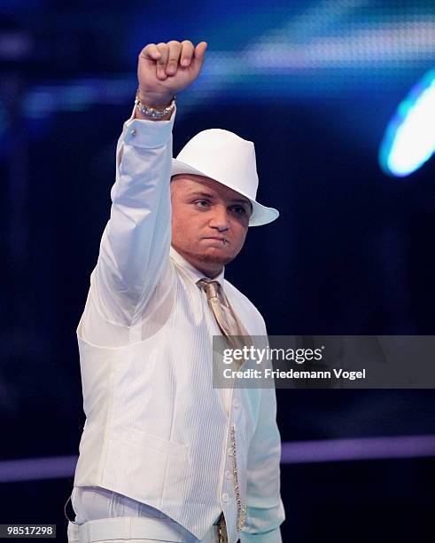 Menowin Froehlich performs during the contest 'DSDS - Deutschland Sucht Den Superstar' final show on April 17, 2010 in Cologne, Germany.