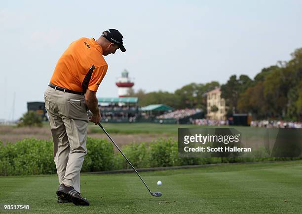 Jim Furyk hits his tee shot on the 18th hole during the third round of the Verizon Heritage at the Harbour Town Golf Links on April 17, 2010 in...