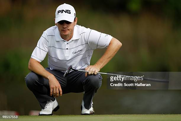 Heath Slocum lines up a putt on the 17th green during the third round of the Verizon Heritage at the Harbour Town Golf Links on April 17, 2010 in...