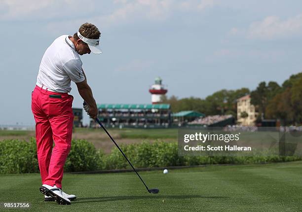 Luke Donald of England hits his tee shot on the 18th hole during the third round of the Verizon Heritage at the Harbour Town Golf Links on April 17,...