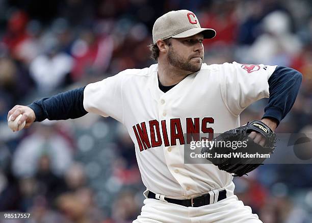 Jake Westbrook of the Cleveland Indians pitches against the Chicago White Sox during the game on April 17, 2010 at Progressive Field in Cleveland,...