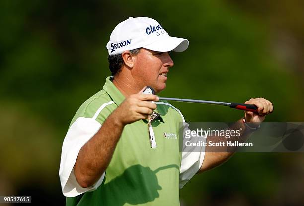 Boo Weekley reacts to a missed putt on the 17th green during the third round of the Verizon Heritage at the Harbour Town Golf Links on April 17, 2010...