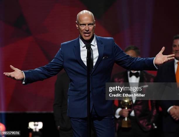 Hockey Hall of Fame member Mark Messier speaks during the 2018 NHL Awards presented by Hulu at The Joint inside the Hard Rock Hotel & Casino on June...