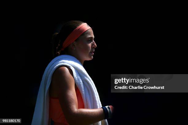 Jalena Ostapenko of Latvia in action during her women's singles match against Michael Buzarnescu of Romania during Day Six of the Nature Valley...