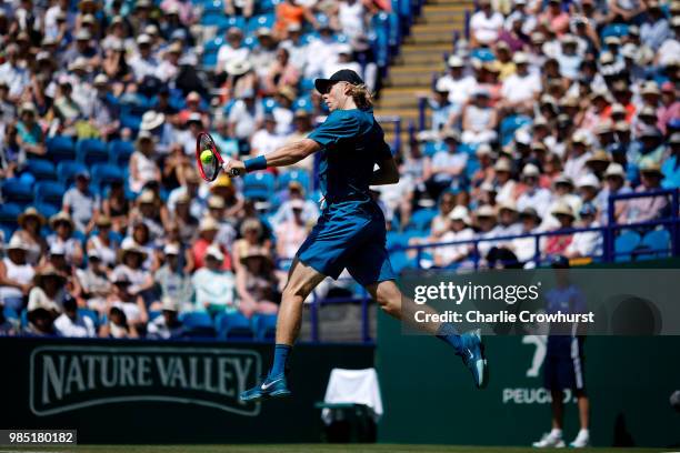 Denis Shapovalov of Canada in action during his mens singles match against Jared Donaldson of USA during Day Six of the Nature Valley International...