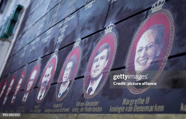 Pictures of European monarchs, a.o. Willem-Alexander , The Dutch King, are to be seen on the facade of the Princess Court in Leeuwarden, Netherlands,...