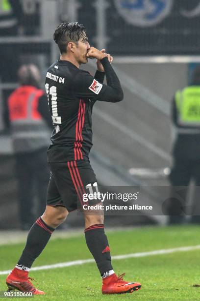 Ingolstadt's Darío Lezcano celebrates after his penalty shoot 0-2 goal during the German 2nd division Bundesliga soccer match between Jahn Regensburg...