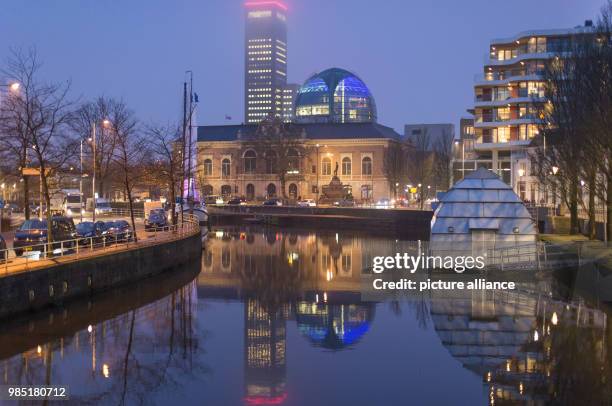 The Rabobank building and a tower form the skyline at dusk in the Dutch city Leeuwarden in the Netherlands, 26 January 2018. Leeuwarden in the...