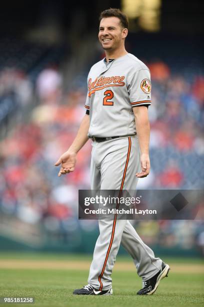 Danny Valencia of the Baltimore Orioles looks on during a baseball game against the Washington Nationals at Nationals Park on June 20, 2018 in...