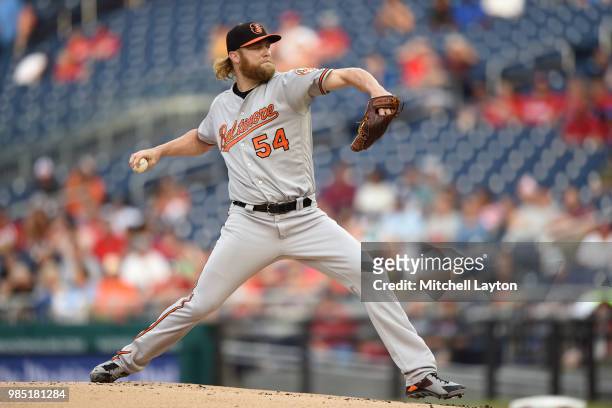 Andrew Cashner of the Baltimore Orioles pitches in the first inning during a baseball game against the Baltimore Orioles at Nationals Park on June...