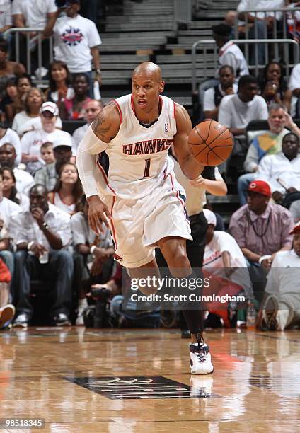 Maurice Evans of the Atlanta Hawks advances the ball against the Milwaukee Bucks in Game One of the Eastern Conference Quarterfinals during the 2010...