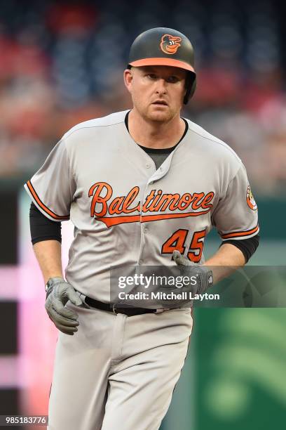 Mark Trumbo of the Baltimore Orioles runs to third base during a baseball game against the Washington Nationals at Nationals Park on June 20, 2018 in...