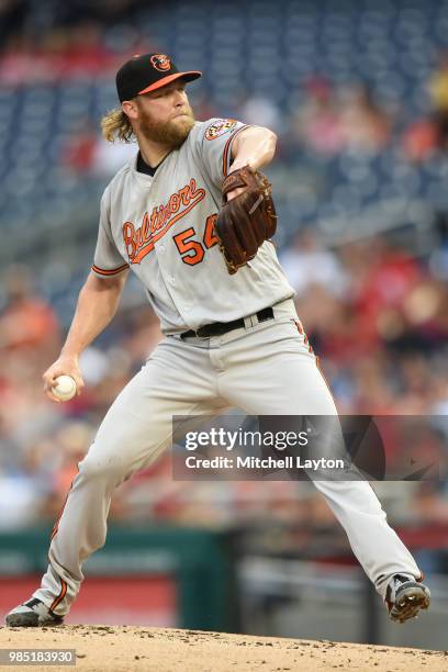 Andrew Cashner of the Baltimore Orioles pitches during a baseball game against the Washington Nationals at Nationals Park on June 20, 2018 in...