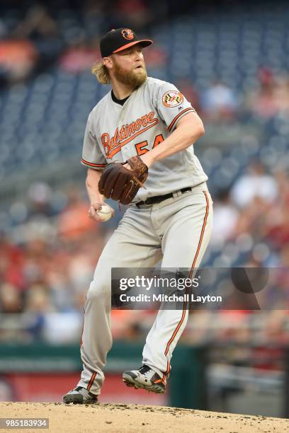 Andrew Cashner of the Baltimore Orioles pitches during a baseball game against the Washington Nationals at Nationals Park on June 20, 2018 in...