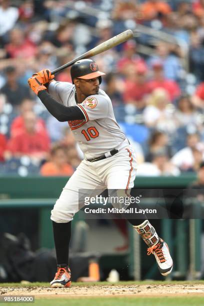 Adam Jones of the Baltimore Orioles prepares for a pitch during a baseball game against the Washington Nationals at Nationals Park on June 20, 2018...