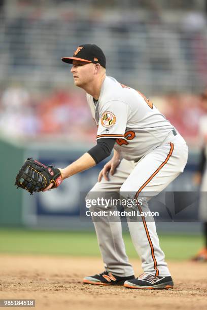 Mark Trumbo of the Baltimore Orioles in position during a baseball game against the Washington Nationals at Nationals Park on June 20, 2018 in...