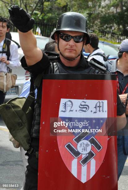 Member of the Neo-Nazi group, The American National Socialist Movement after the group held a rally in front of the Los Angeles City Hall, on April...