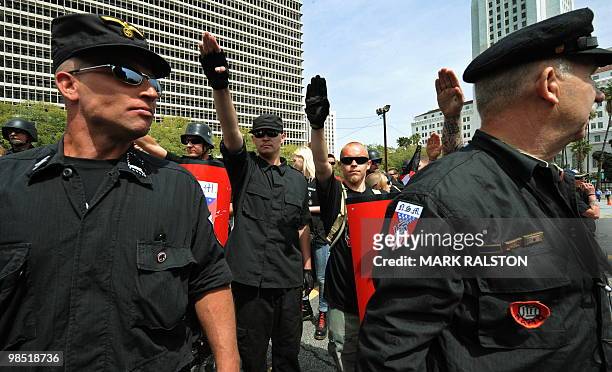 Members of the Neo-Nazi group, The American National Socialist Movement arrive to hold a rally in front of the Los Angeles City Hall, on April 17,...