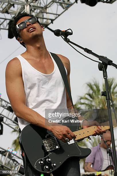 Musician Dougie Mandagi of the band The Temper Trap performs during day two of the Coachella Valley Music & Arts Festival 2010 held at the Empire...