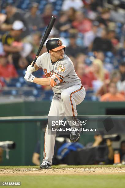 Danny Valencia of the Baltimore Orioles prepares for a pitch during during a baseball game against the Washington Nationals at Nationals Park on June...