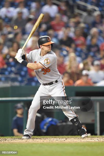 Caleb Joseph of the Baltimore Orioles prepares for a pitch during a baseball game against the Washington Nationals at Nationals Park on June 20, 2018...