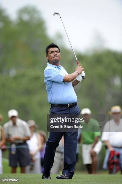 Comedian George Lopez hits from the second tee box during the second round of the Outback Steakhouse Pro-Am at TPC Tampa Bay on April 17, 2010 in...