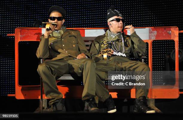 Fazer and Dappy of N-Dubz perform on stage at Hammersmith Apollo on April 17, 2010 in London, England.