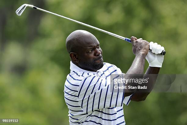 Pro Football Hall of Fame Emmitt Smith hits from the second tee box during the second round of the Outback Steakhouse Pro-Am at TPC Tampa Bay on...
