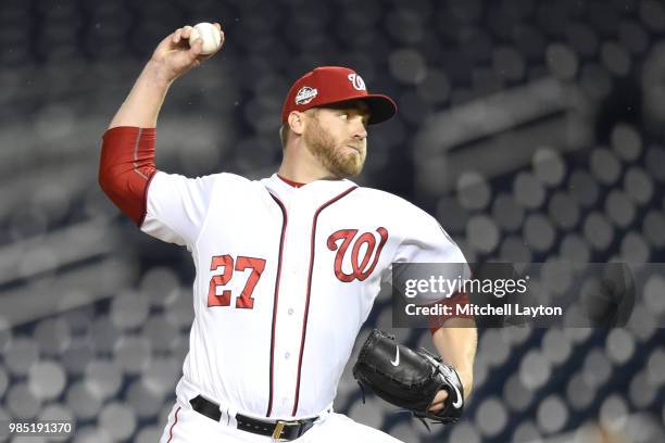 Shawn Kelley of the Washington Nationals pitches during a baseball game against the Baltimore Orioles at Nationals Park on June 20, 2018 in...