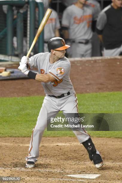 Caleb Joseph of the Baltimore Orioles prepares for a pitch during a baseball game against the Washington Nationals at Nationals Park on June 20, 2018...