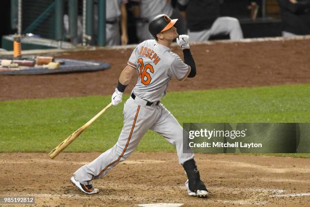 Caleb Joseph of the Baltimore Orioles takes a swing during a baseball game against the Washington Nationals at Nationals Park on June 20, 2018 in...