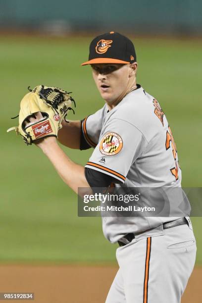 Brad Brach of the Baltimore Orioles pitches during a baseball game against the Washington Nationals at Nationals Park on June 20, 2018 in Washington,...