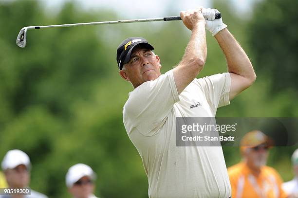 Tom Lehman hits from the second tee box during the second round of the Outback Steakhouse Pro-Am at TPC Tampa Bay on April 17, 2010 in Lutz, Florida.