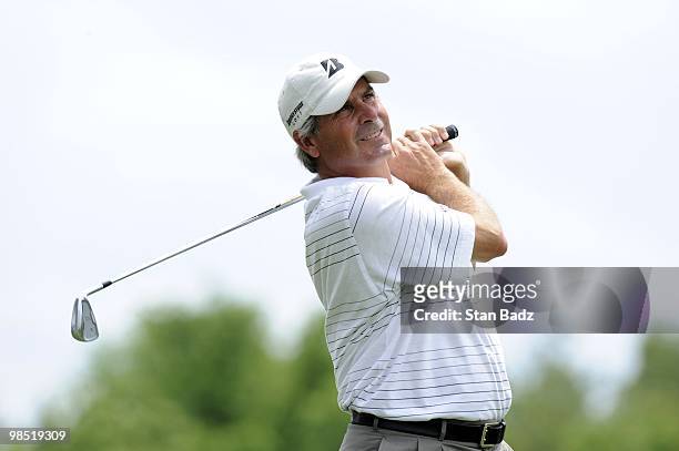 Fred Couples hits from the second tee box during the second round of the Outback Steakhouse Pro-Am at TPC Tampa Bay on April 17, 2010 in Lutz,...