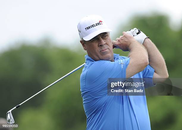 Hal Sutton hits from the second tee box during the second round of the Outback Steakhouse Pro-Am at TPC Tampa Bay on April 17, 2010 in Lutz, Florida.