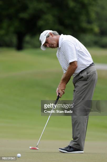 Fred Couples hits a putt on the first green during the second round of the Outback Steakhouse Pro-Am at TPC Tampa Bay on April 17, 2010 in Lutz,...