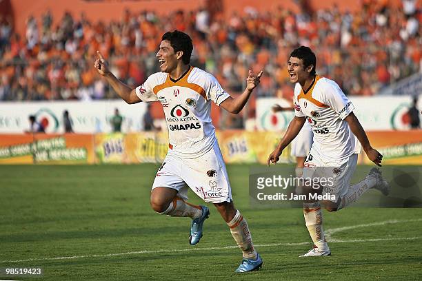 Antonio Salazar of Jaguares celebrates his scored goal during their match against Indios as part of the 2010 Bicentenario Tournament at the Victor...