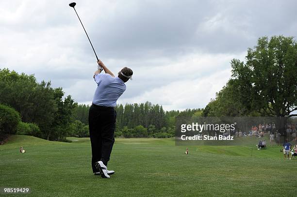Peter Jacobsen hits from the first tee box during the second round of the Outback Steakhouse Pro-Am at TPC Tampa Bay on April 17, 2010 in Lutz,...