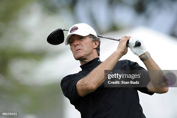 Dateline NBC announcer Stone Phillips hits a drive during the second round of the Outback Steakhouse Pro-Am at TPC Tampa Bay on April 17, 2010 in...